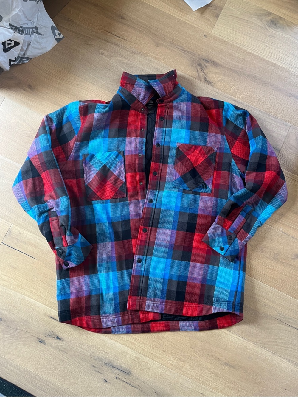 North Face Red & Blue Plaid Button-Down Jacket Warm Insulated XL XLARGE